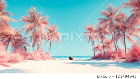 A solitary coconut rests on a pristine pink beach surrounded by towering pink palm trees under a vibrant blue sky. 121494943
