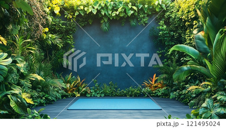A blue yoga mat rests in a serene outdoor space surrounded by lush tropical greenery and a dark blue wall. A blue yoga mat rests in a serene outdoor space surrounded by lush tropical greenery and a dark blue wall. 121495024