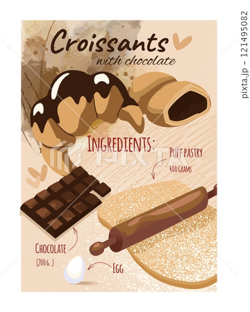 Bakery recipe. Croissant cooking. Dough rolling. Sweet pastry with chocolate. Delicious meal. Products for food preparation. Flour and egg. Baking biscuit. Kitchen manual. Vector culinary instruction Bakery recipe. Croissant cooking. Dough rolling. Sweet pastry with chocolate. Delicious meal. Products for food preparation. Flour and egg. Baking biscuit. Kitchen manual. Vector culinary instruction 121495082