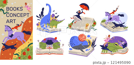 Fantasy book. Open pages with fictional characters. Imagination and reading. Library of adventure, horror and novels. Live animated fiction sheet. Dinosaur and dragon encyclopedia. Vector concepts set Fantasy book. Open pages with fictional characters. Imagination and reading. Library of adventure, horror and novels. Live animated fiction sheet. Dinosaur and dragon encyclopedia. Vector concepts set 121495090