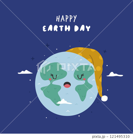 Cute Cartoon Illustration of Sleeping Planet Earth and Text Happy Earth Day. Perfect for Earth Day 121495310
