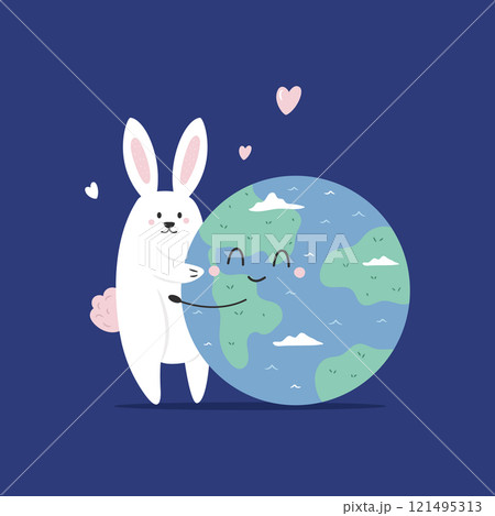 Cute Cartoon Illustration of Planet Earth Hugging a Bunny Cute Cartoon Illustration of Planet Earth Hugging a Bunny 121495313