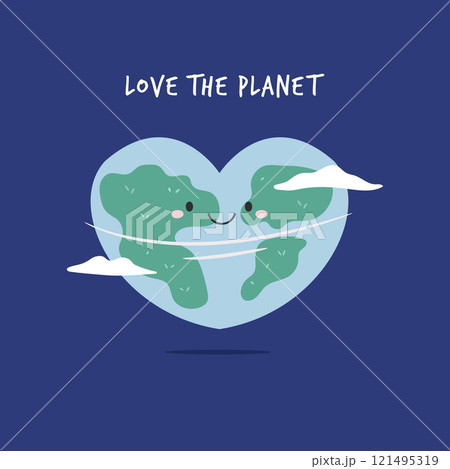 Cute Cartoon Illustration of Planet Earth and Text Love The Planet. Perfect for Earth Day and Climate Awareness 121495319