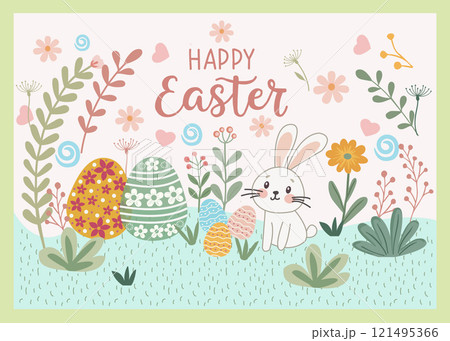 Happy Easter  greeting card  with  eggs and bunny 121495366