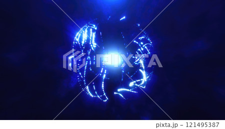 Blue light sphere in a dark space, symbolizing digital energy, futuristic technology, and a sense of mystery Blue light sphere in a dark space, symbolizing digital energy, futuristic technology, and a sense of mystery 121495387