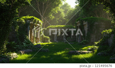 森の奥深くに存在する誰も知らない古代文明の遺跡 121495676