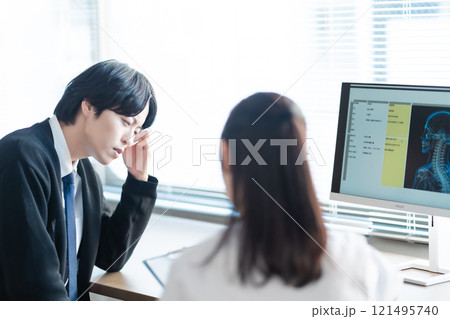 腰のレントゲンを見ながら問診をするミドルの女性医師と患者 121495740