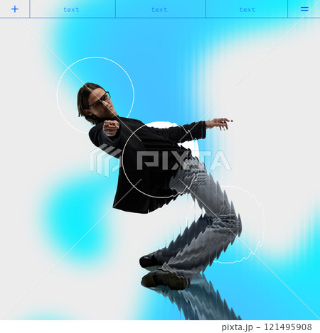 Stylish man in blazer leaning dynamically with abstract ripple effects on blue background. Great for futuristic ads and business innovation themes. Stylish man in blazer leaning dynamically with abstract ripple effects on blue background. Great for futuristic ads and business innovation themes. 121495908