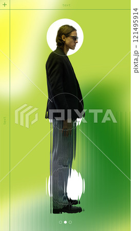 Full-length profile portrait of stylish young guy in formal wear surrounded by abstract geometric overlays on green background. 121495914