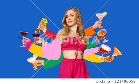 Contemporary art collage. Stylish woman in pink surrounded by colorful arms holding glasses celebrates creativity of modern events. Contemporary art collage. Stylish woman in pink surrounded by colorful arms holding glasses celebrates creativity of modern events. 121496058