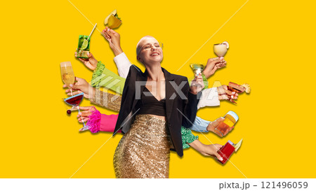 Contemporary art collage. Confident woman in festive skirt with many hands holding cocktails showcases modern sophistication and party culture. 121496059