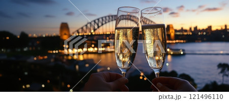 Banner. Champagne glasses raised in toast with cityscape background featuring lit-up bridge during twilight hours. 121496110