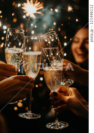 Group of people clinking champagne glasses in celebration, with sparkling wine and fireworks creating vibrant, joyful backdrop. 121496112