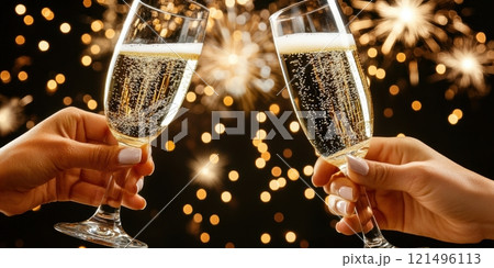 Two hands holding champagne flutes filled with sparkling wine against glowing fireworks and golden bokeh in festive atmosphere. 121496113