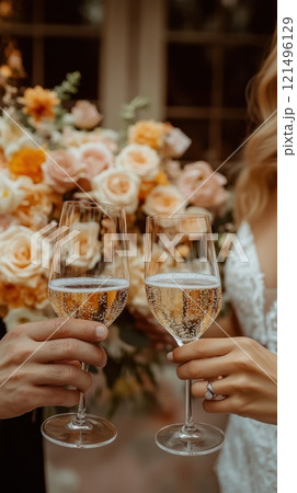 Bride and groom clinking wine glasses filled with sparkling wine, framed by soft-focus bouquet of pastel roses. 121496129
