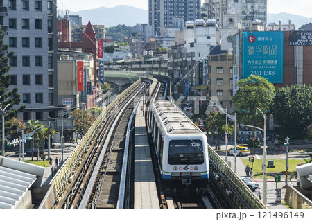 View of a Wenhu or Brown line train running on the elevated track of the Taipei Mass Rapid Transit System with the building background. View of a Wenhu or Brown line train running on the elevated track of the Taipei Mass Rapid Transit System with the building background. 121496149