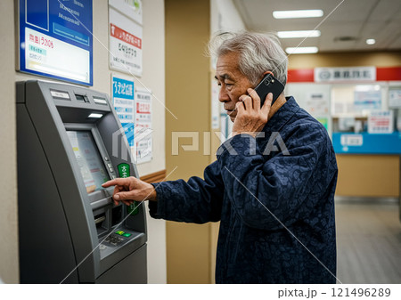 特殊詐欺に騙されATMを操作する高齢者イメージ 121496289