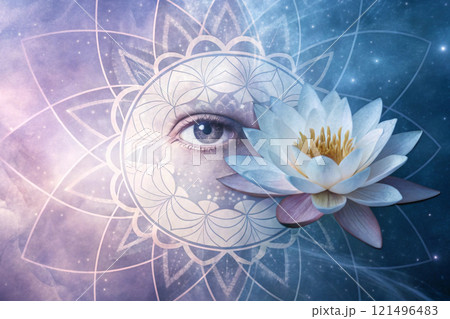 An eye or lotus flower set in the center of an abstract cosmic background 121496483