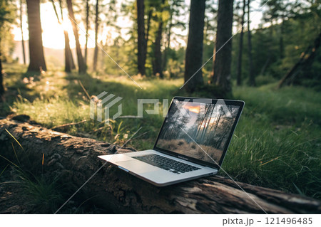 An open laptop set against a beautiful natural background 121496485