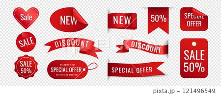 Ribbon tag. 3D Badge, red banner, ribbon offer. Sale icon design, label mockup, store flag sticker. Discount shape, marketing promotion. Realistic isolated shopping silk elements. Vector web flyer 121496549