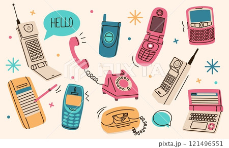 Phone vintage. Abstract doodle smartphone. Cartoon cord cellphone. Call contact. Modern retro style pattern. Wire old telephone. Cable or cellular devices. Mobile calling. Vector classic gadgets set 121496551
