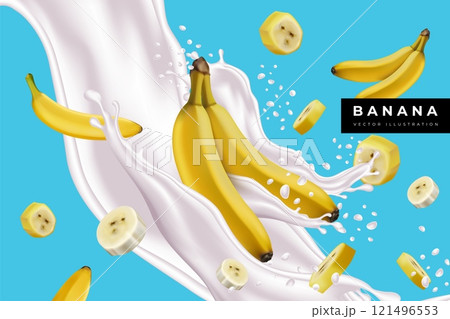 Banana in splash milk. 3D yogurt, cream, creamy flow. Realistic fruit natural food on white liquid background. Design of ad for tropical drink. Product presentation advertising. Vector summer banner Banana in splash milk. 3D yogurt, cream, creamy flow. Realistic fruit natural food on white liquid background. Design of ad for tropical drink. Product presentation advertising. Vector summer banner 121496553