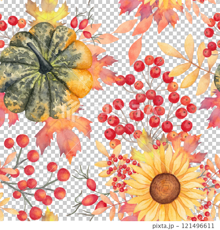 Pumpkin with maple leaves, rowan berries and sunflower. Seamless autumn pattern. Botanical watercolor illustration. Hand drawn isolated background. For seasonal holidays Halloween, Thanksgiving 121496611
