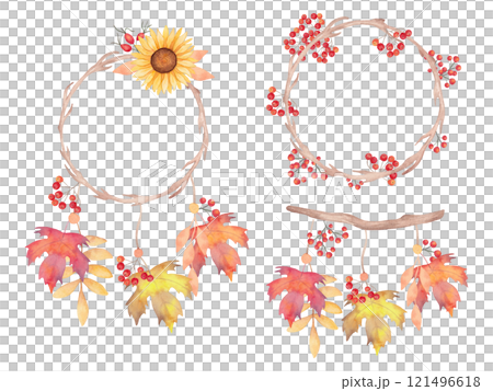 Wooden objects with rowan berries and maple leaves, sunflower flower, rose hips. Botanical watercolor illustration. Hand drawn isolated art. Autumn compositions for holidays Thanksgiving, Halloween Wooden objects with rowan berries and maple leaves, sunflower flower, rose hips. Botanical watercolor illustration. Hand drawn isolated art. Autumn compositions for holidays Thanksgiving, Halloween 121496618