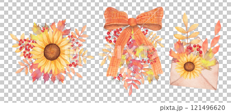 Composition with bow, envelope and sunflower flower. Rose hips with rowan and maple leaves. Botanical watercolor illustration. Hand drawn isolated art. Autumn bouquet for holidays Thanksgiving 121496620