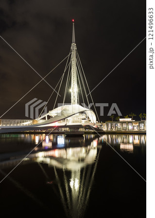 Night view of the beautiful Dagang Bridge (Great Harbor Bridge) connecting Pier-2 Art Center and Peng-lai Commercial Harbor in Kaohsiung, Taiwan. 121496633