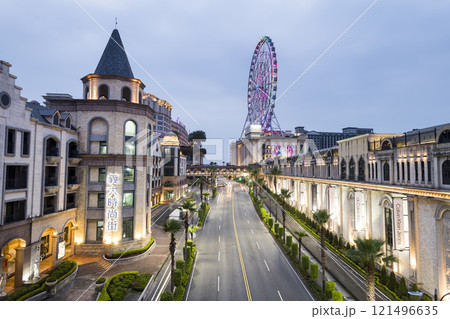 Night view of the E-DA Outlet Mall at the E-DA Theme Park in Dashu, Kaohsiung, Taiwan. 121496635