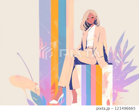 パステルストライプ背景と座っている女性の全身イラスト パステルストライプ背景と座っている女性の全身イラスト 121496665