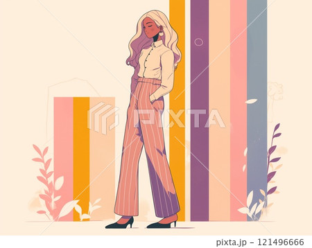 パステルカラーのストライプ背景と女性の全身イラスト パステルカラーのストライプ背景と女性の全身イラスト 121496666