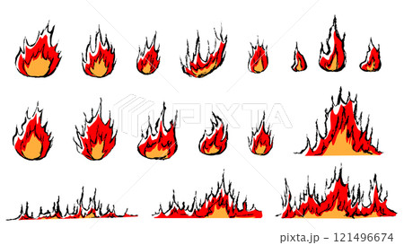 筆タッチの手描きの炎のイラストセット 121496674