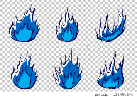 A set of hand-drawn blue flame illustrations 121496676