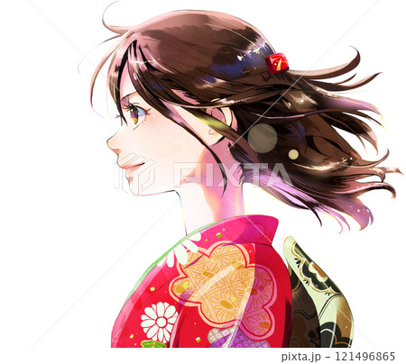 横顔の振袖女性イラスト人物単体（化粧あり）、無季、背景なし  121496865