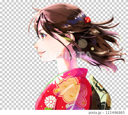 横顔の振袖女性イラスト人物単体（化粧あり）、無季、背景なし  121496865