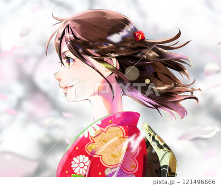 横顔の振袖女性イラスト、背景春 121496866