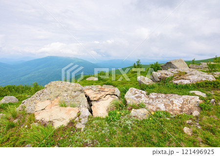 alpine landscape in summer. scenic view. cloudy weather. scenery in carpathian mountains of ukraine. stones on the grassy hills and meadoows. remote location alpine landscape in summer. scenic view. cloudy weather. scenery in carpathian mountains of ukraine. stones on the grassy hills and meadoows. remote location 121496925