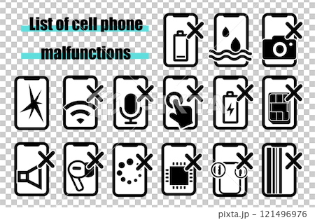 Mobile phone and smartphone malfunction list icon collection Mobile phone and smartphone malfunction list icon collection 121496976