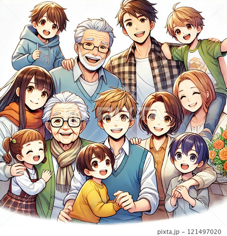 アニメ風・幸せな3世代家族の集合イラスト 121497020