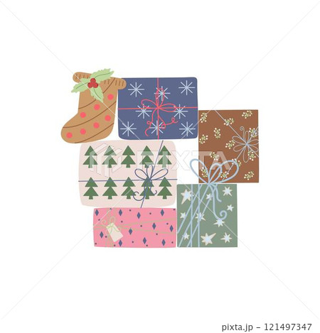 Holiday gift boxes in a playful arrangement, showcasing bright colors and ribbons, ideal for celebrating special occasions or Christmas 121497347