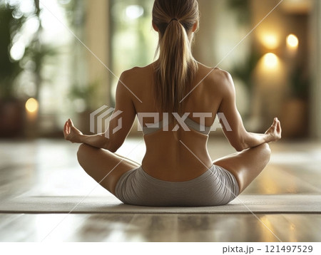 Woman meditating in a serene environment, focused on mindfulness. Woman meditating in a serene environment, focused on mindfulness. 121497529