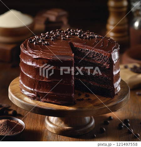 Delicious chocolate cake with coffee beans on a wooden stand. 121497558