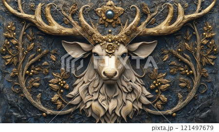 Elaborate stag sculpture with ornate details and intricate design. 121497679