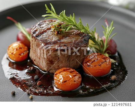 Gourmet beef tenderloin with cherry tomatoes and herbs. 121497681
