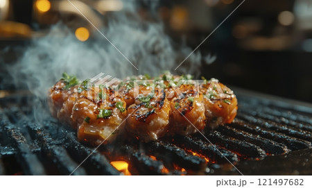 Grilled meat sizzling with herbs against a blurred kitchen background. 121497682
