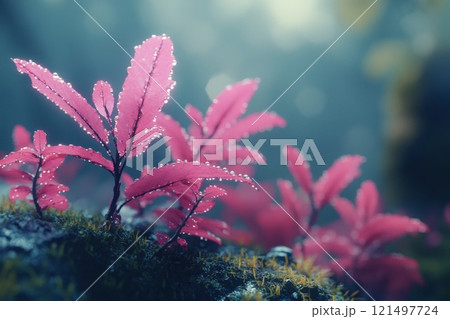 Vibrant pink leaves with dew in a misty forest setting. 121497724