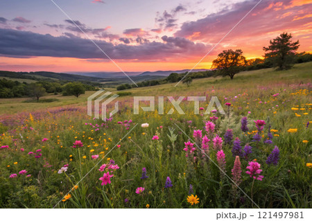 Wildflower Meadow at Sunset 121497981