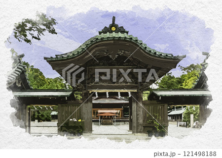 水彩画風　三嶋大社　神門　静岡県三島市 121498188